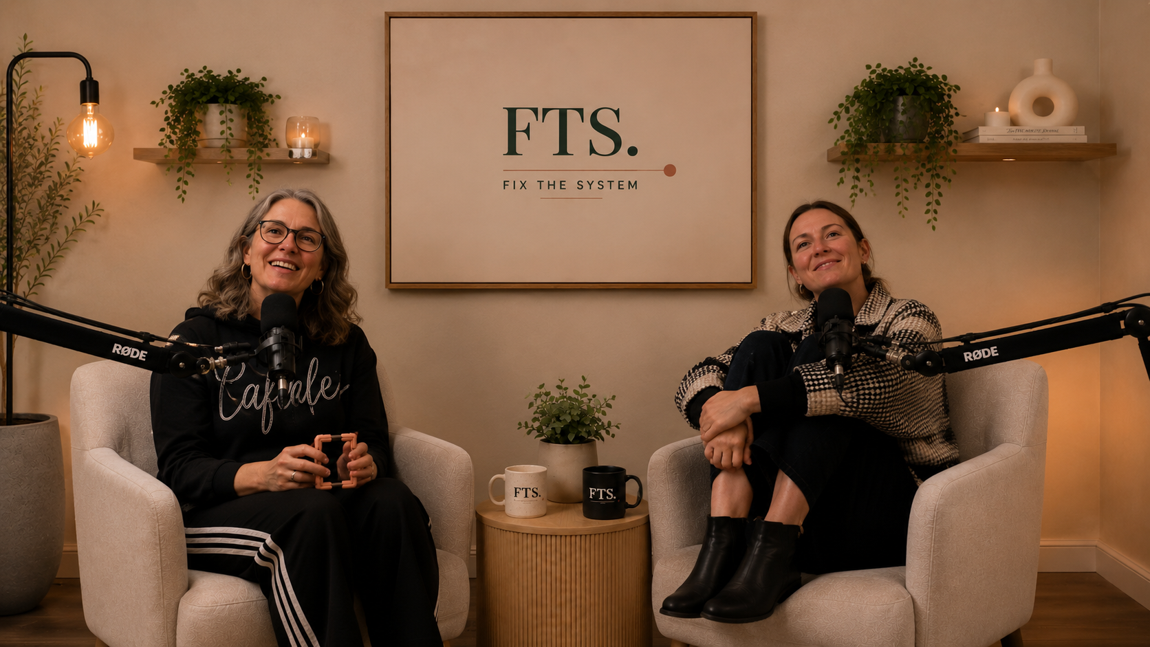 Becky Hirst and Karen Cocks seated in the My Brilliant Burnout podcast studio