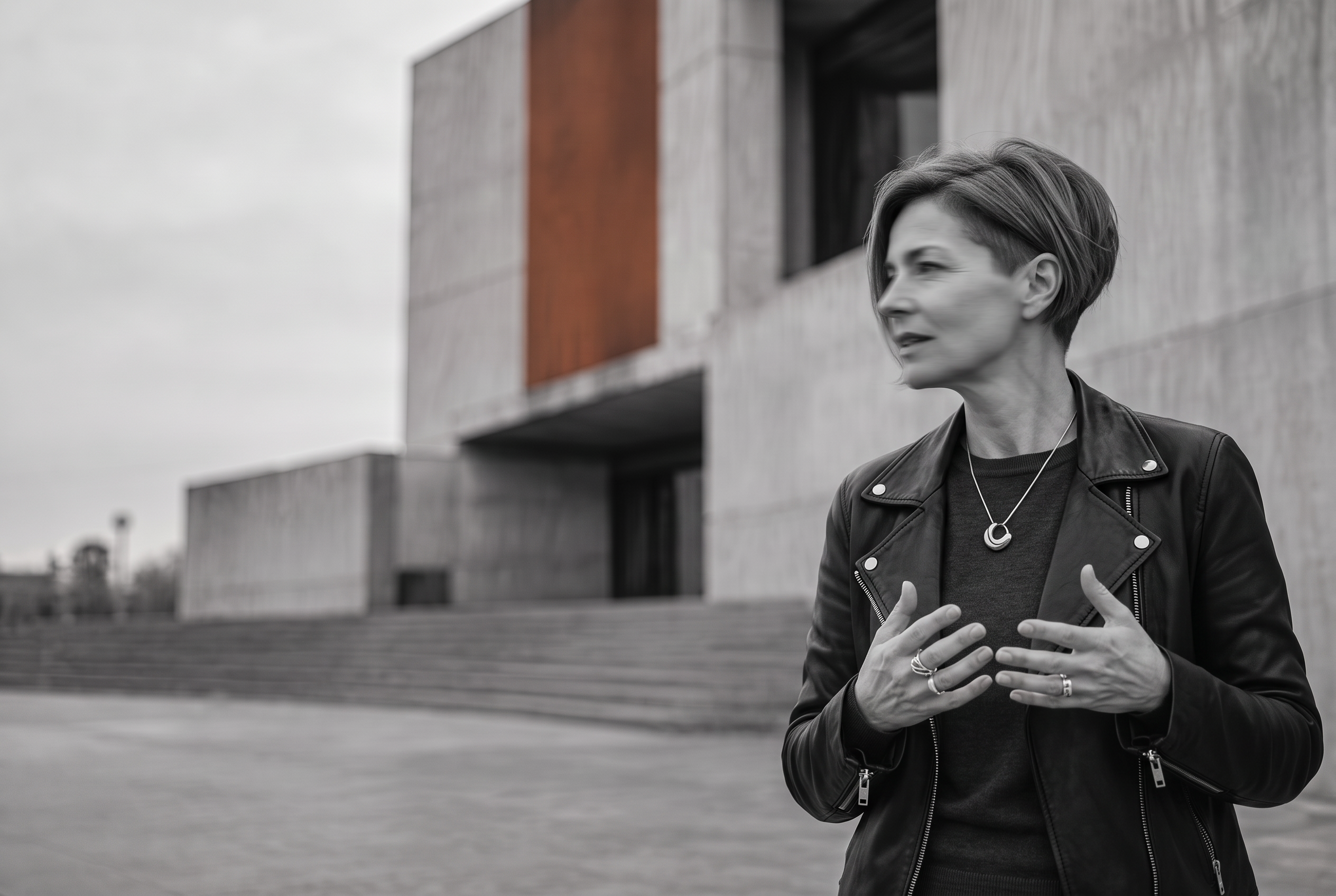 A woman in conversation in front of softly blurred brutalist architecture